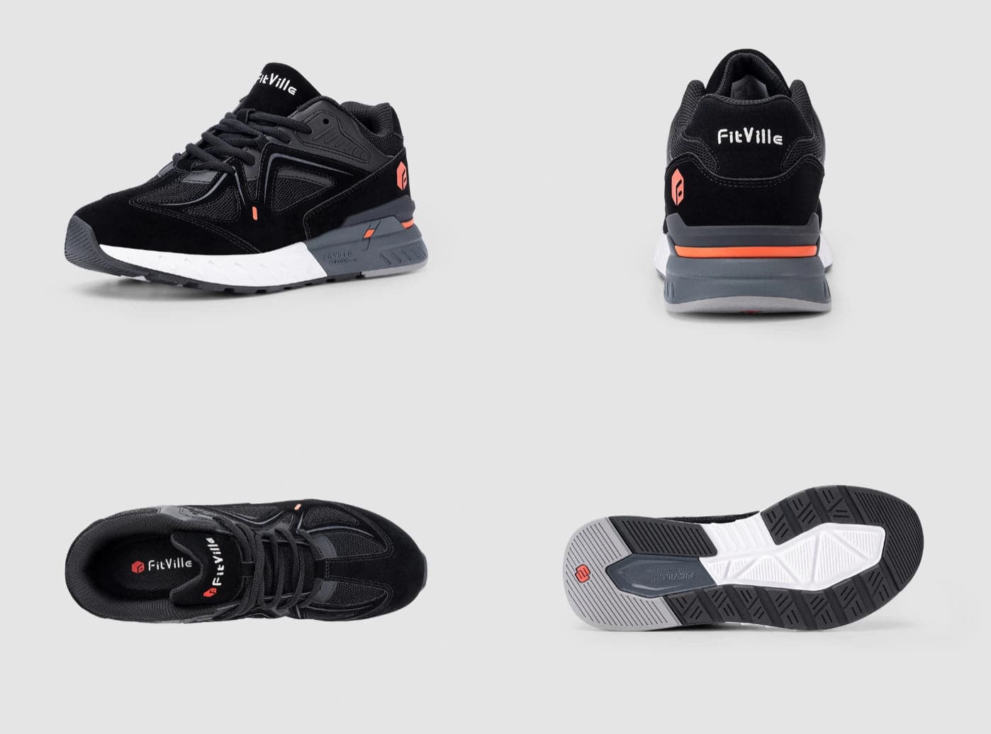 Fitville Mens Rebound Core V1 Wide Fit Trainers Walking Shoes US 9 Black/Orange FitVille Extra Wide Walking Shoes Men Rebound Core Flat Feet  main image 3